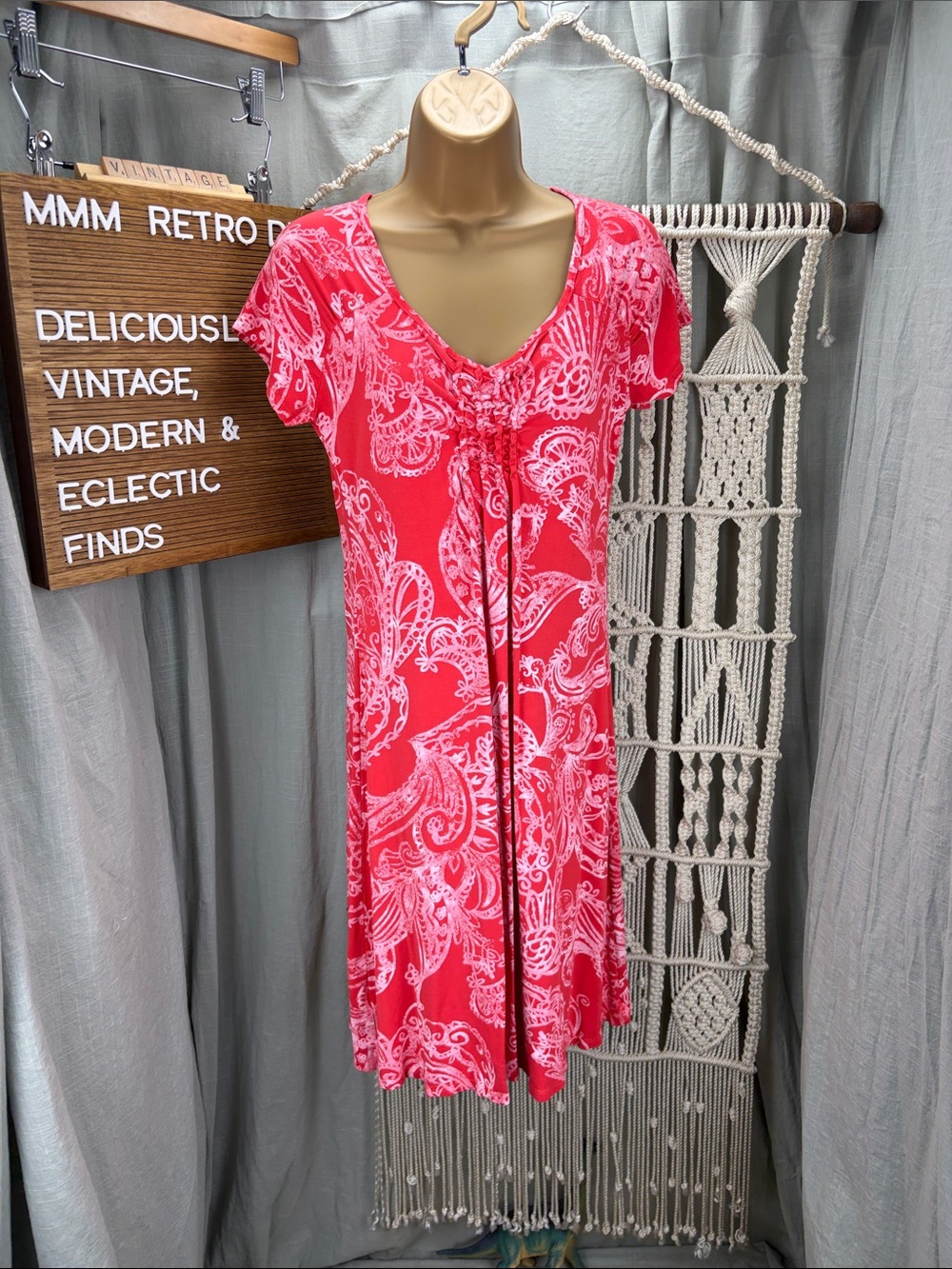 fresh produce Coral  Paisley Short-Sleeve with Gathered V neckline Dress | S
